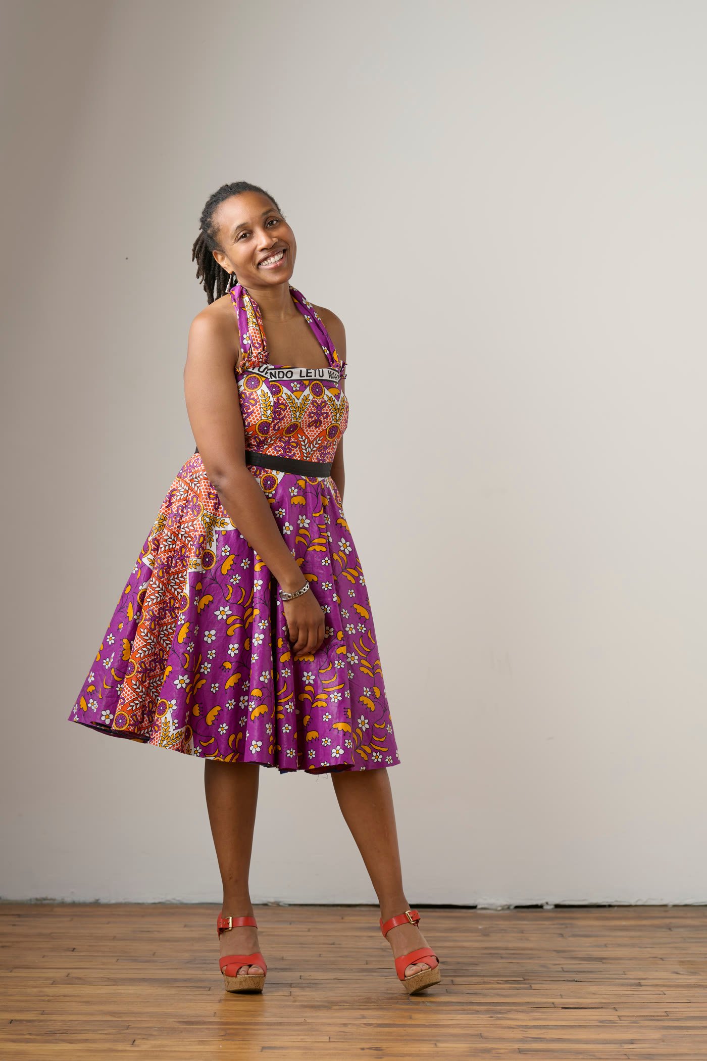 Rachel Maddox McGrath in a colorful custom-made dress